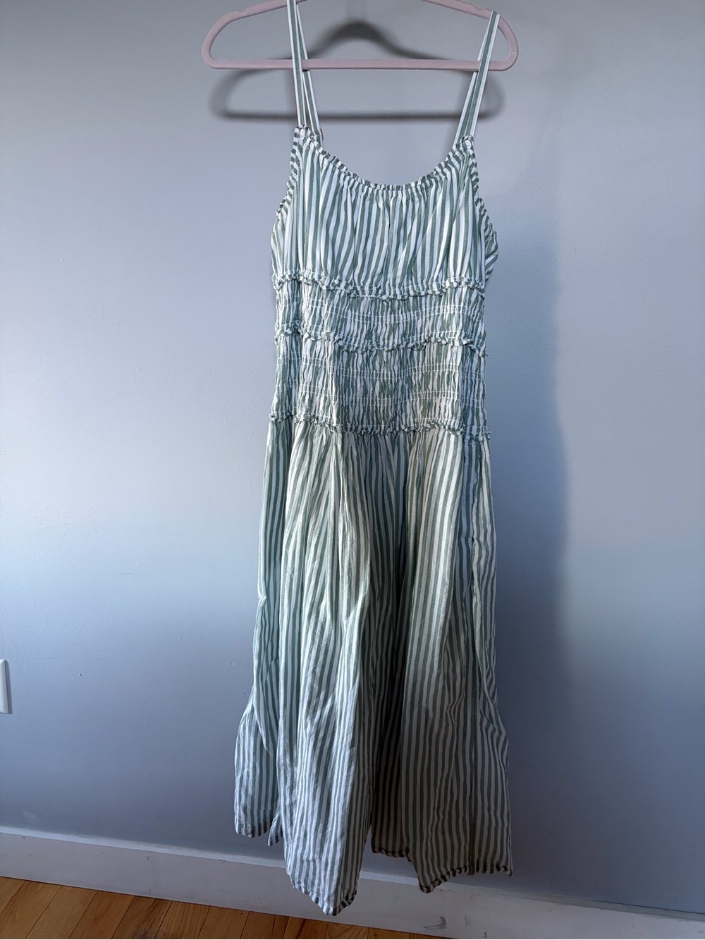 Abercrombie & Fitch Light Blue & White Striped Smocked Midi Dress
